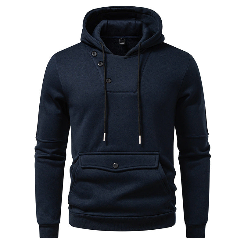 Diagonal Buckle Placket Design Casual Hooded Large Pocket Sweatshirt