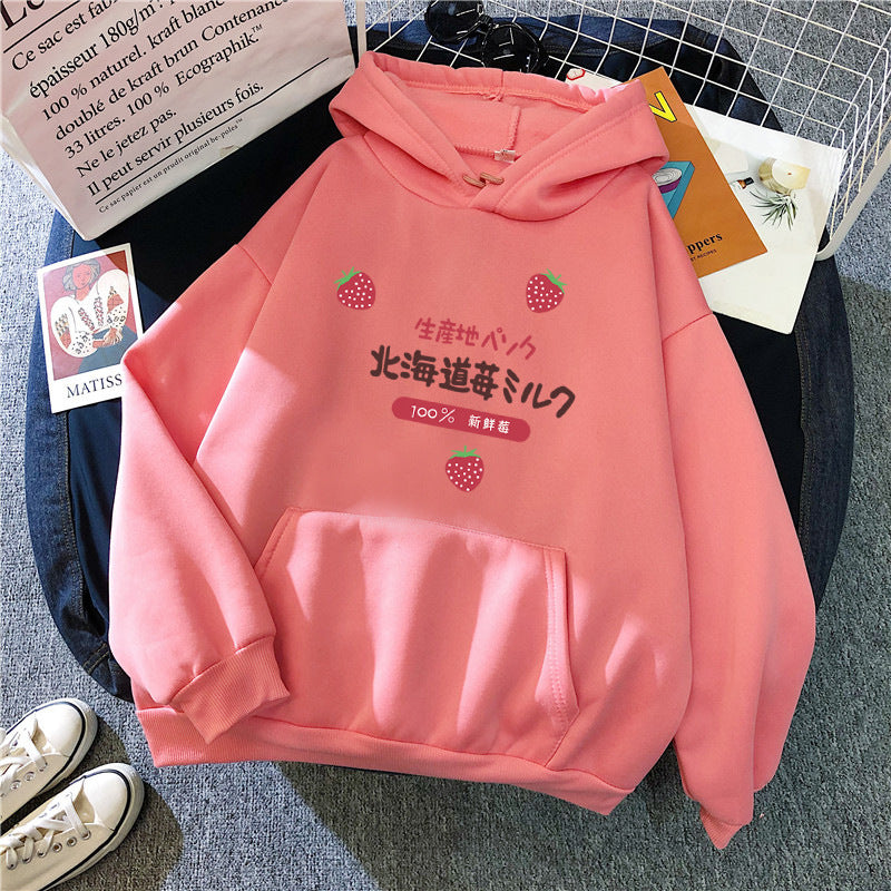 Candy Color Weatshirt Print Strawberry Figure Hooded Sweater