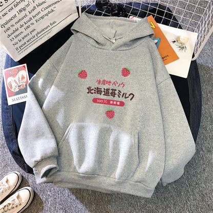 Candy Color Weatshirt Print Strawberry Figure Hooded Sweater