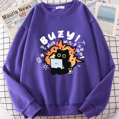 Buzy Cat Cute Sweater for Women – Cozy Kawaii Cat Lover Sweatshirt