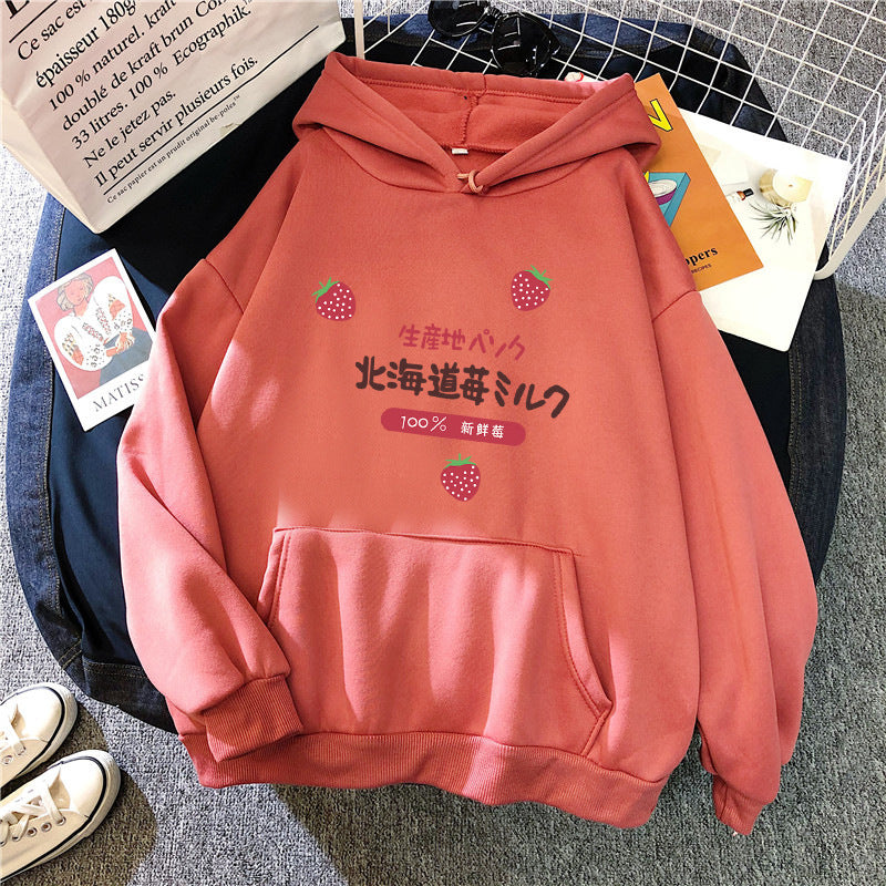 Candy Color Weatshirt Print Strawberry Figure Hooded Sweater