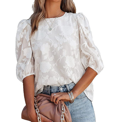 Women’s Puff Sleeve Chiffon Loose Top – Floral Textured Elegant Casual Shirt