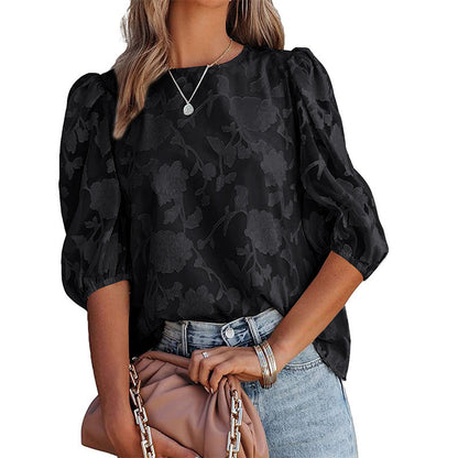Women’s Puff Sleeve Chiffon Loose Top – Floral Textured Elegant Casual Shirt