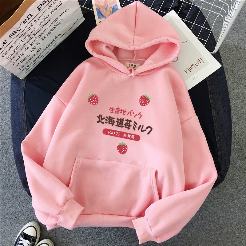 Candy Color Weatshirt Print Strawberry Figure Hooded Sweater