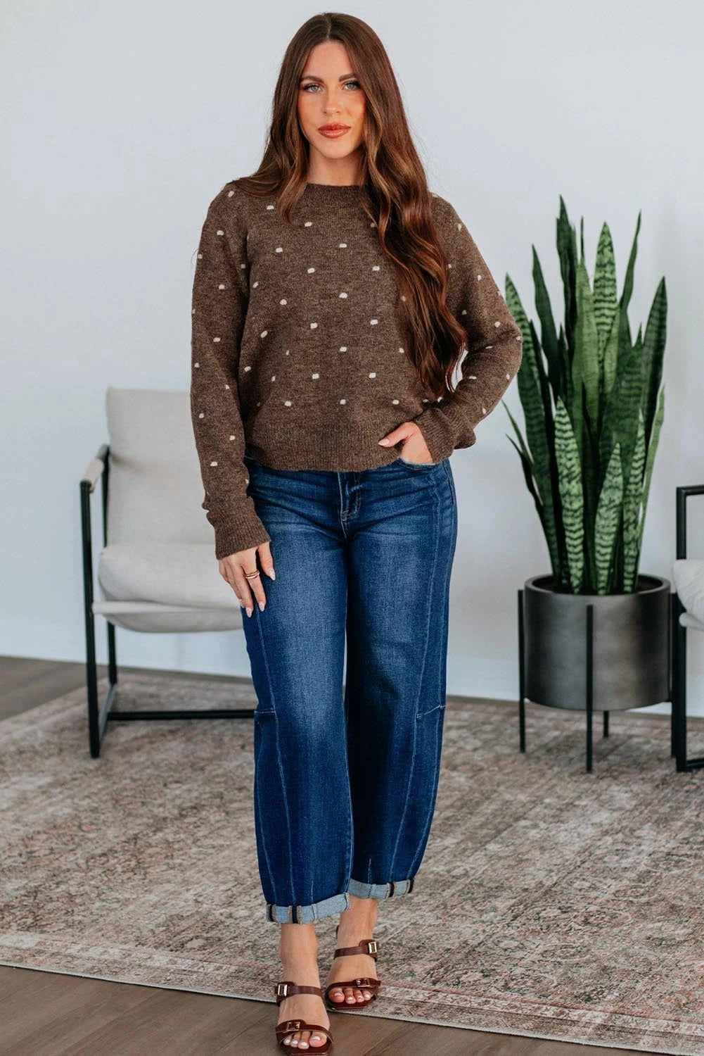 Women's Fashion Round Neck Long Sleeve Pullover Dotted Jacquard Sweater