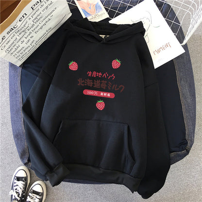 Candy Color Weatshirt Print Strawberry Figure Hooded Sweater