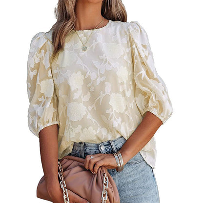 Women’s Puff Sleeve Chiffon Loose Top – Floral Textured Elegant Casual Shirt