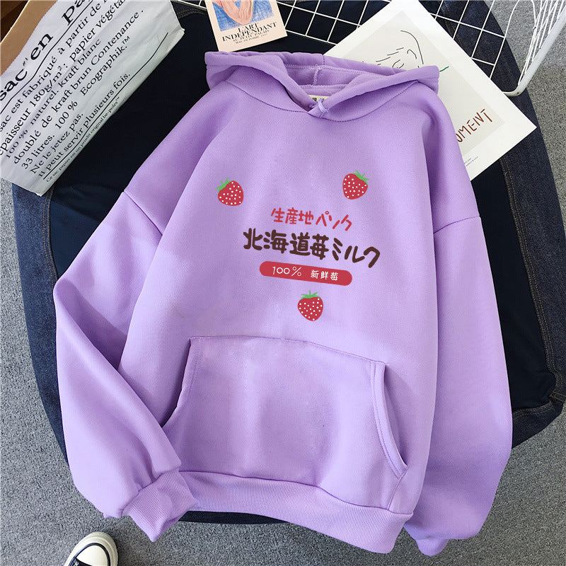 Candy Color Weatshirt Print Strawberry Figure Hooded Sweater