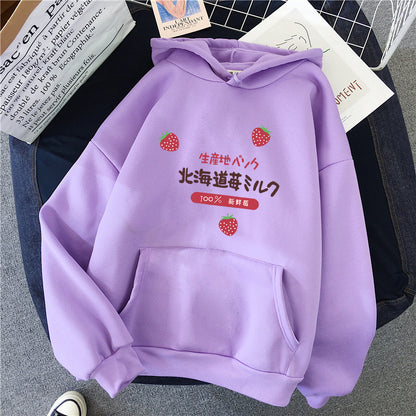 Candy Color Weatshirt Print Strawberry Figure Hooded Sweater