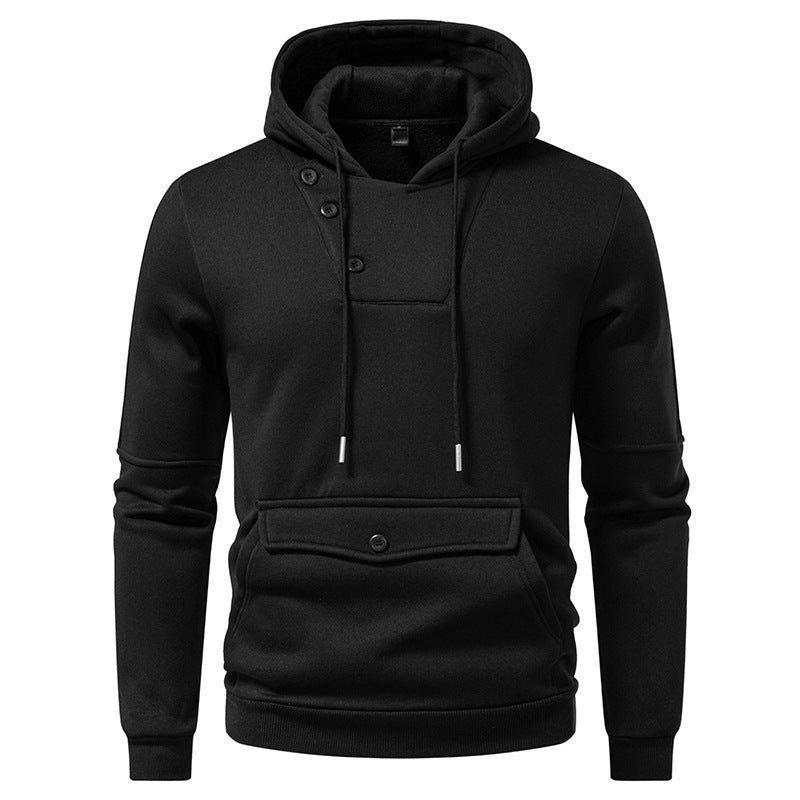 Diagonal Buckle Placket Design Casual Hooded Large Pocket Sweatshirt