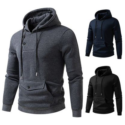 Diagonal Buckle Placket Design Casual Hooded Large Pocket Sweatshirt