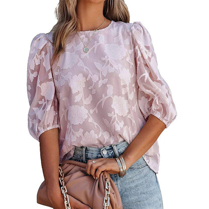 Women’s Puff Sleeve Chiffon Loose Top – Floral Textured Elegant Casual Shirt