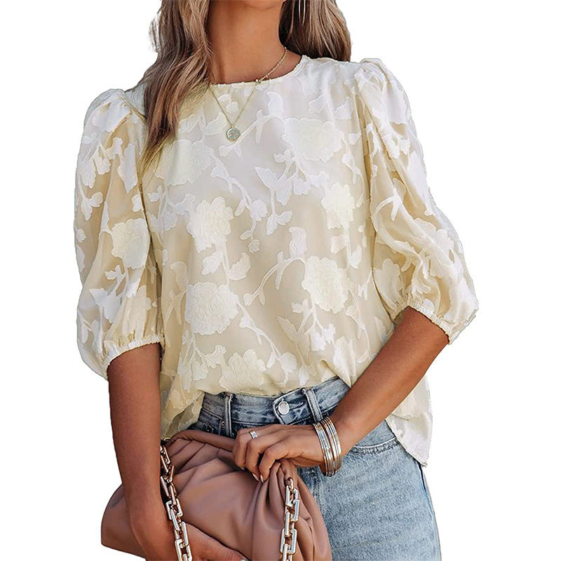 Women’s Puff Sleeve Chiffon Loose Top – Floral Textured Elegant Casual Shirt
