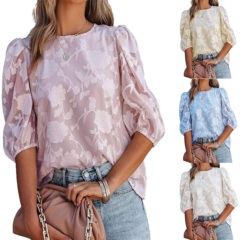 Women’s Puff Sleeve Chiffon Loose Top – Floral Textured Elegant Casual Shirt