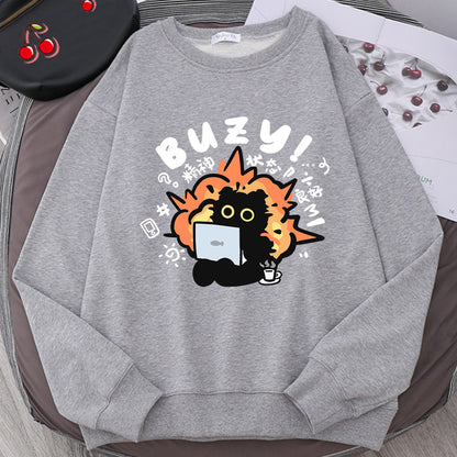 Buzy Cat Cute Sweater for Women – Cozy Kawaii Cat Lover Sweatshirt
